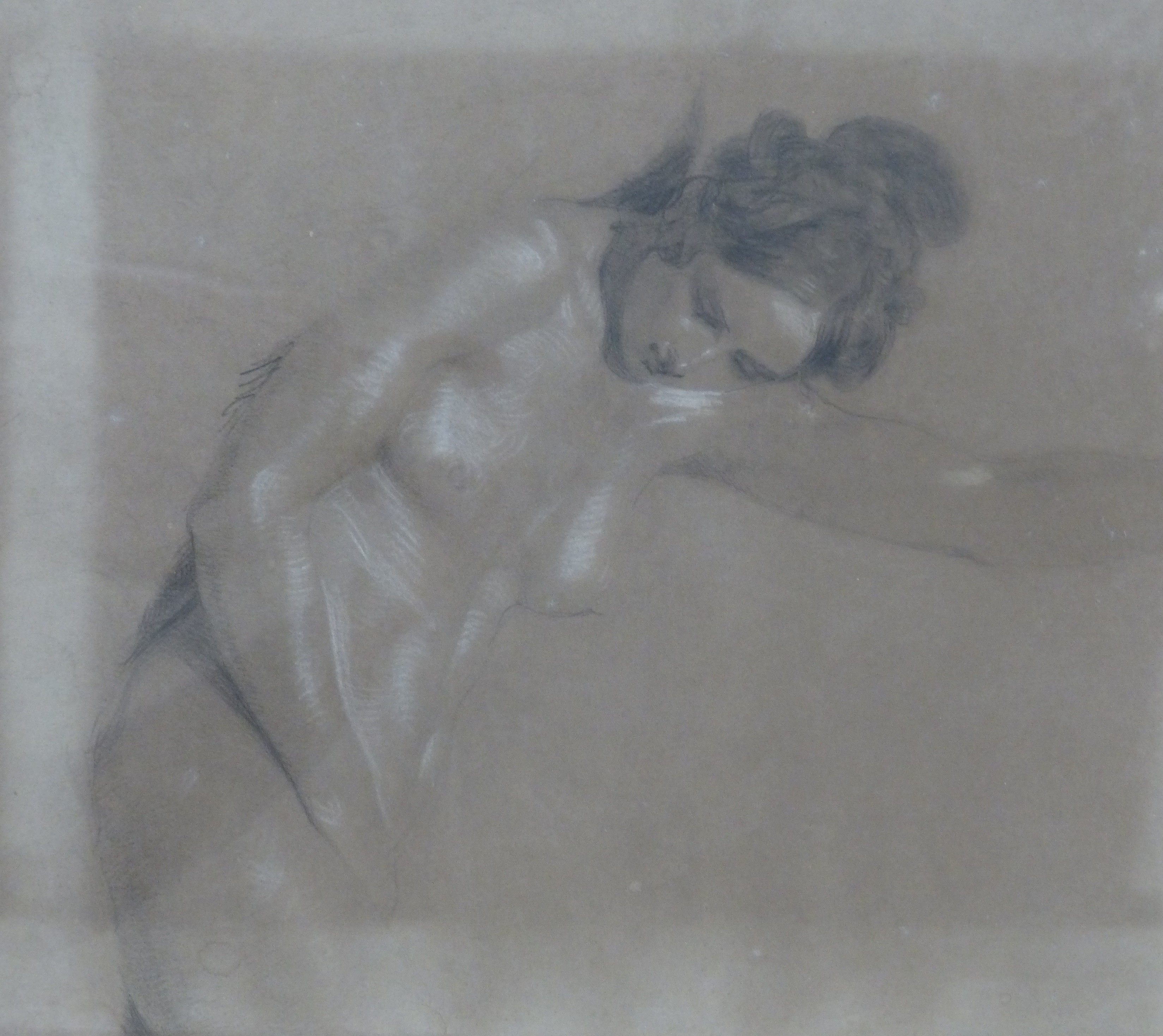 English School c.1900, charcoal and chalk, Study of a reclining nude, 29 x 26cm